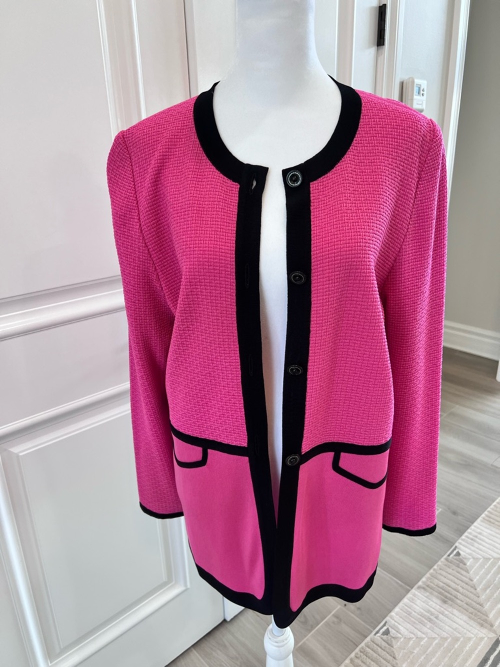 Misook Hot Pink Open-Front Cardigan with Black Trim